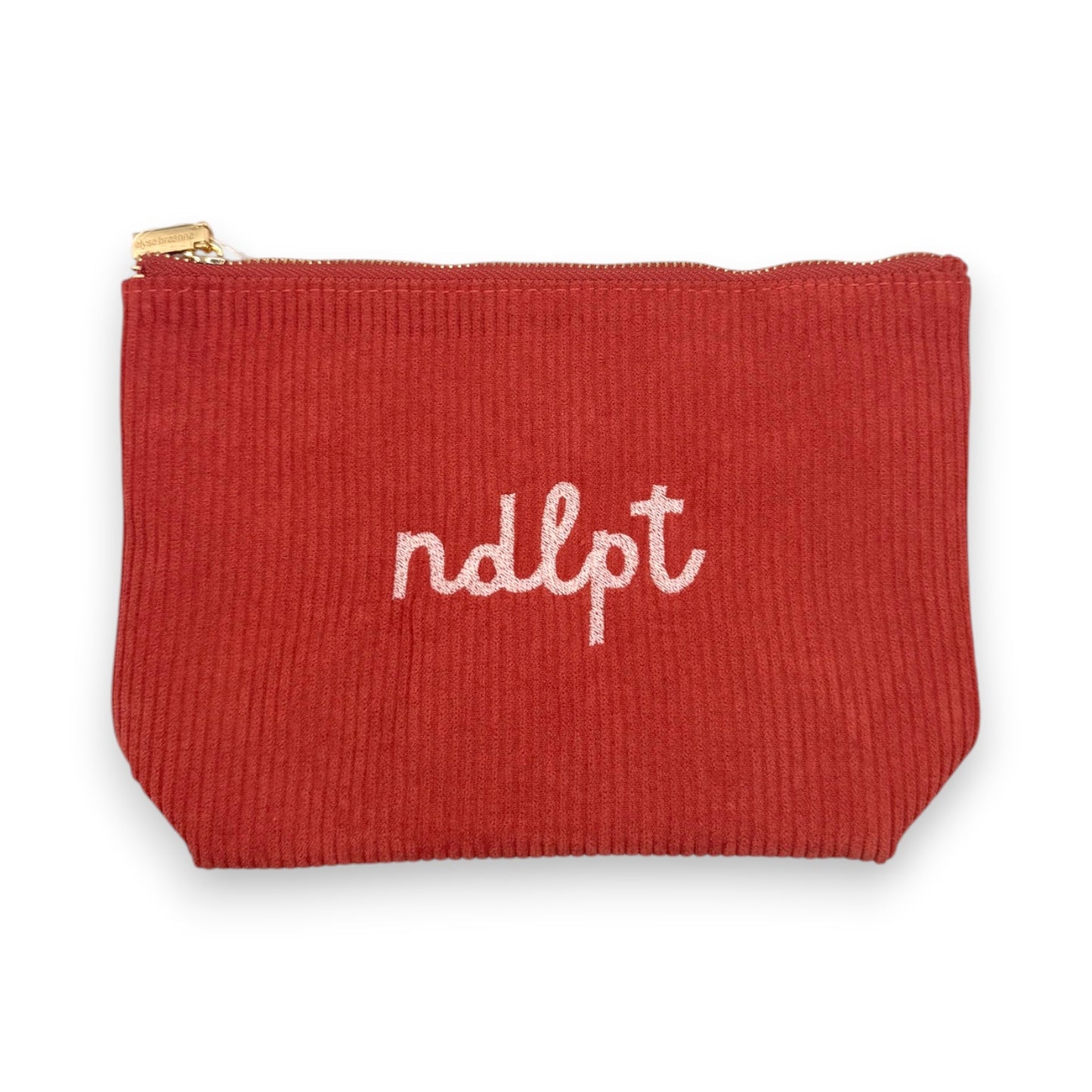 'ndlpt' Embroidered Corduroy Small Project Pouch - Coral (pink writing)