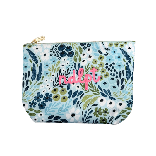 'ndlpt' Embroidered Small Project Pouch - Blue/Green Floral
