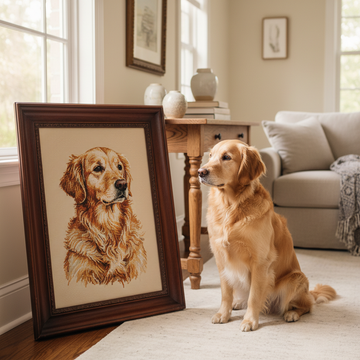 A finished golden retriever needlepoint portrait alongside its real-life inspiration.