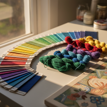 A well-organized fiber reference library: color cards, thread samples, and a canvas ready for color matching.