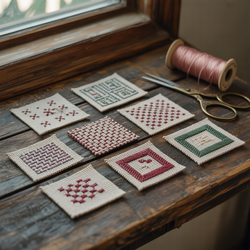 Various types of needle point stitches displayed on small canvases with a thread spool and scissors on a table