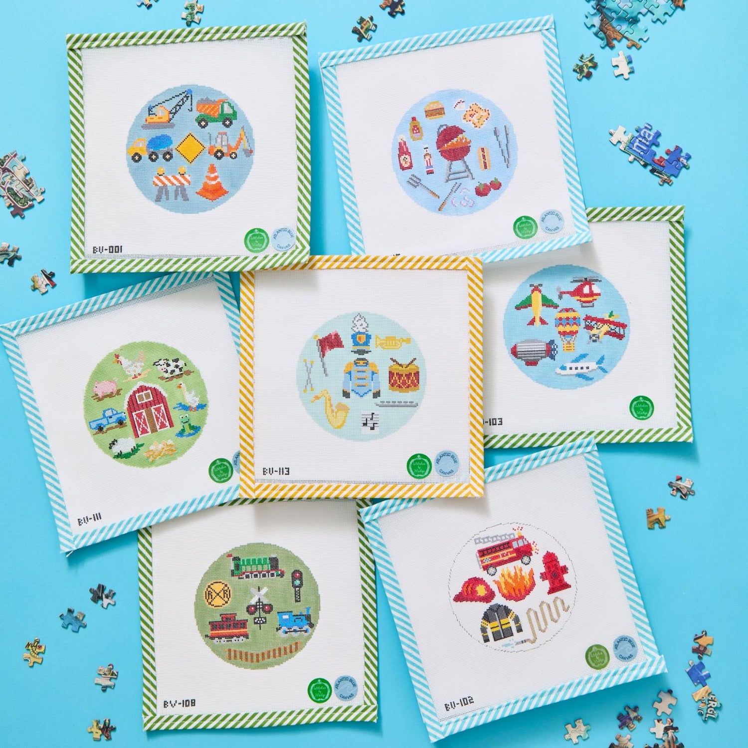 Beginner needlepoint kits with colorful canvas designs for practicing popular stitches and patterns