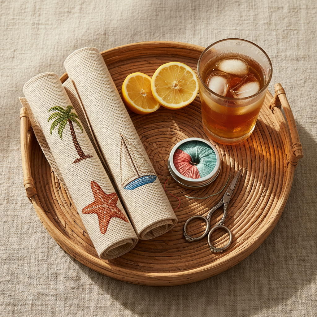 Trending summer needlepoint setup with coastal canvas designs, thread, tools, citrus slices and iced tea