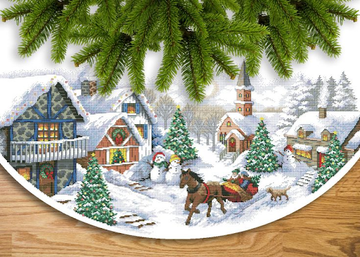 Holiday needlepoint canvas with snowman, snowy houses, and Christmas trees, a festive project for beginners learning how to needlepoint.