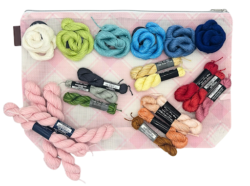 Atlantic Blue needlepoint pouch with colorful threads, ideal for organizing leftover embroidery floss and needlepoint accessories.