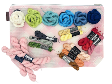 Atlantic Blue needlepoint pouch with colorful threads, ideal for organizing leftover embroidery floss and needlepoint accessories.