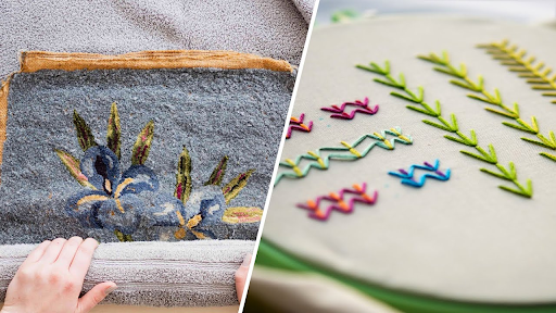 Split-screen showing needlepoint vs embroidery: one side with freestyle embroidery on fabric, the other with structured needle point stitch on canvas