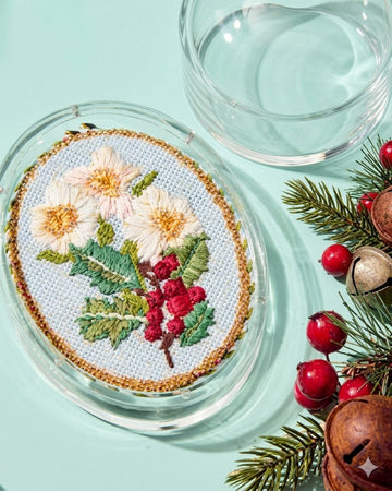 Close-up birth flowers needlepoint canvas with intricate floral stitching and soft colors, highlighting embroidery work