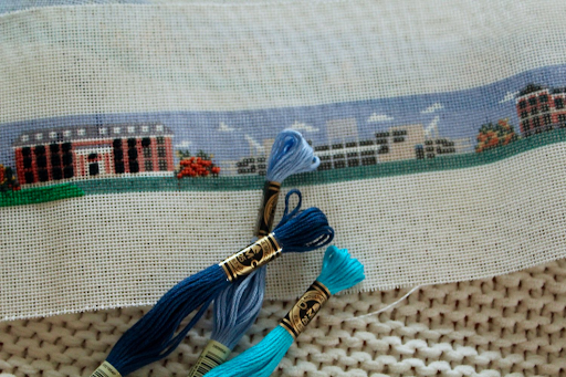 Beginner needlepoint kits with thread, canvas, needle, and printed designs.