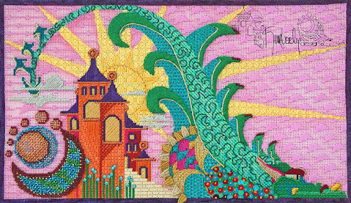 Colorful needlepoint design with castle, sun, and greenery, stitched on pink canvas using vibrant needlepoint stitches.