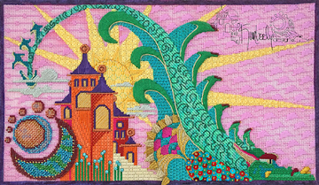 Colorful needlepoint design with castle, sun, and greenery, stitched on pink canvas using vibrant needlepoint stitches.