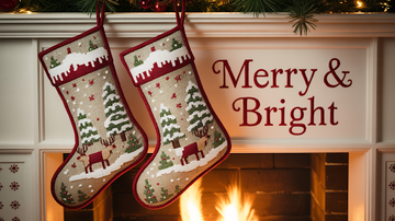 Two handmade needlepoint stockings hung above a fireplace mantel, showcasing traditional holiday décor and creative needlepoint patterns