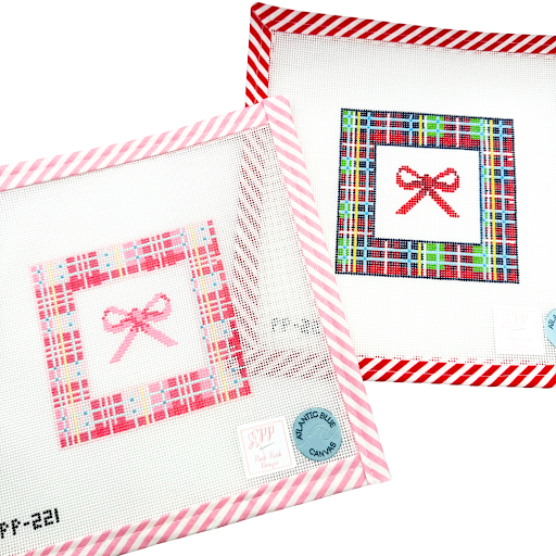 Holiday-themed needlepoint kits on square canvas cloth, festive beginner needlepoint kits perfect for Christmas stitching.