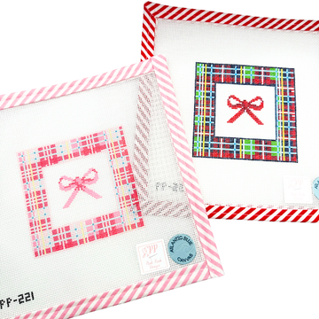 Holiday-themed needlepoint kits on square canvas cloth, festive beginner needlepoint kits perfect for Christmas stitching.