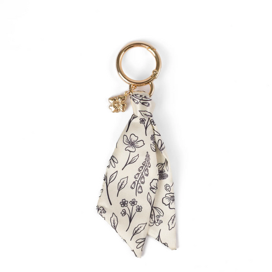 Pressed Floral Black & White Satin Keychain