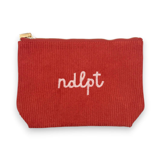 'ndlpt' Embroidered Corduroy Small Project Pouch - Coral (pink writing)