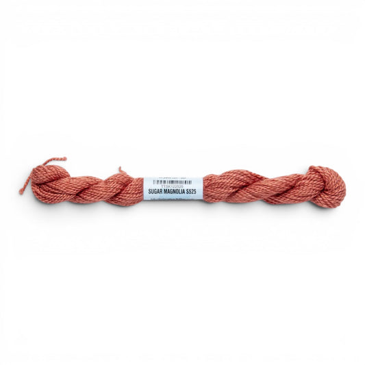 Atlantic Blue Canvas Essentials Skeins - 525 Sugar Magnolia, a coral-pink silk-blend fiber for needlepoint. 50% Silk, 50% Merino Wool, 30 yards.