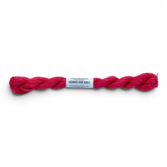 Atlantic Blue Canvas Essentials Skeins 552 Vermillion, a bright pink silk-blend embroidery thread for 18 mesh canvas.