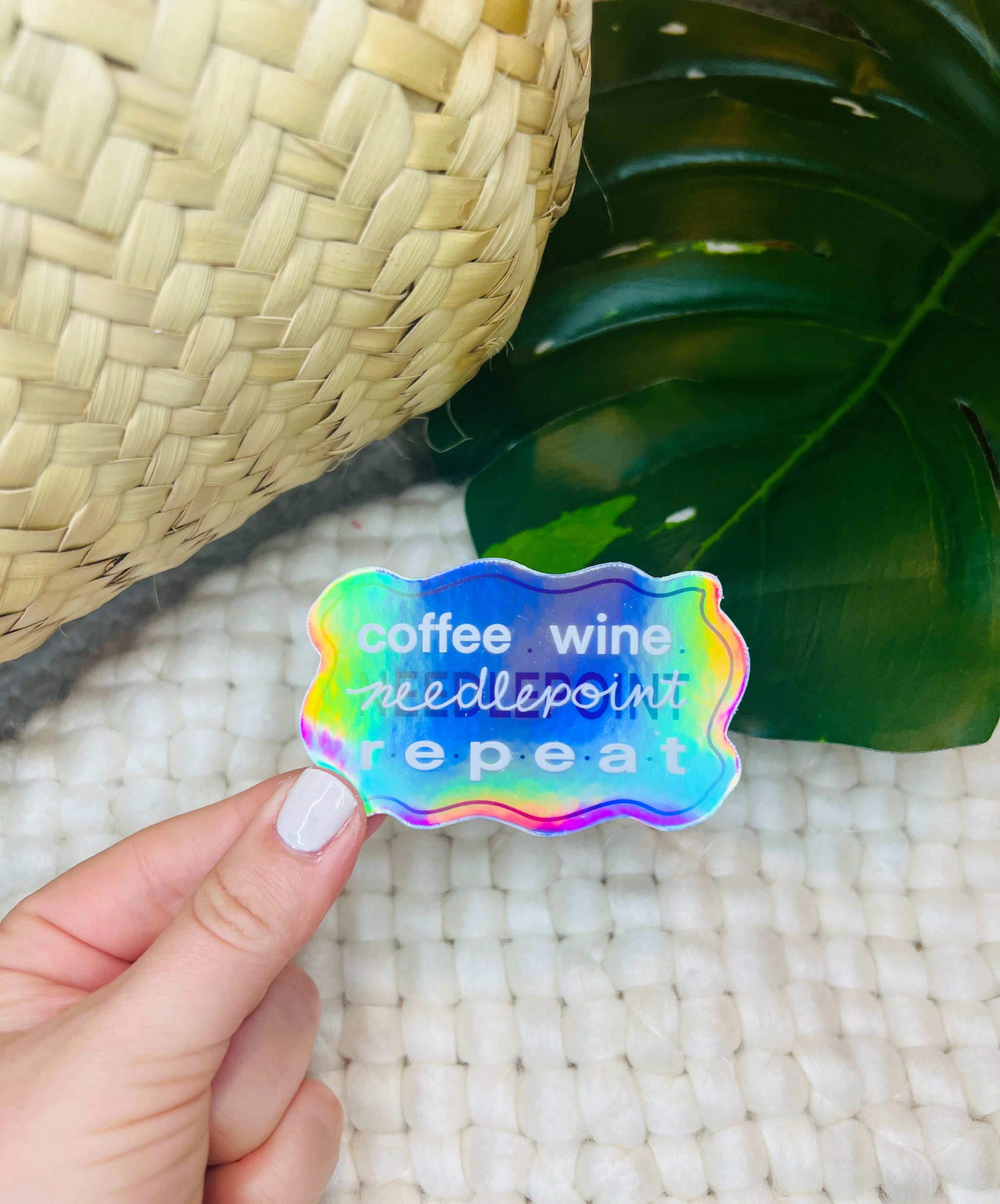 needlepoint, coffee, wine holographic sticker - Atlantic Blue Canvas